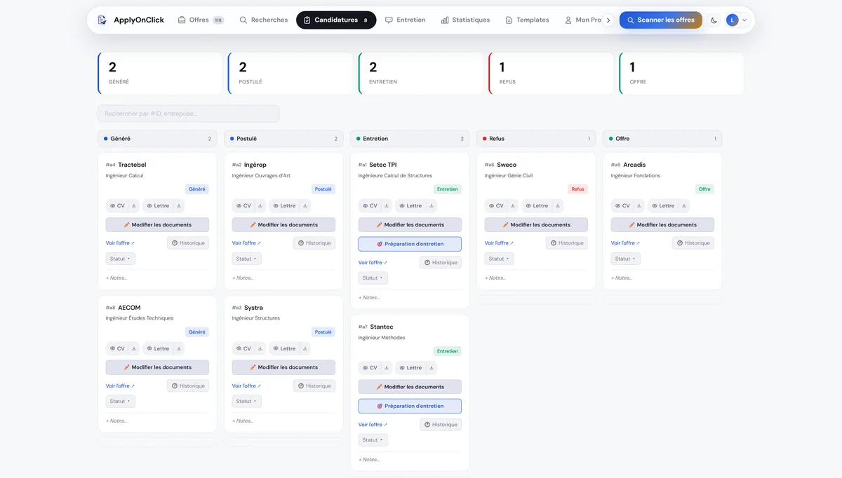 Candidatures , capture de l'application ApplyOnClick