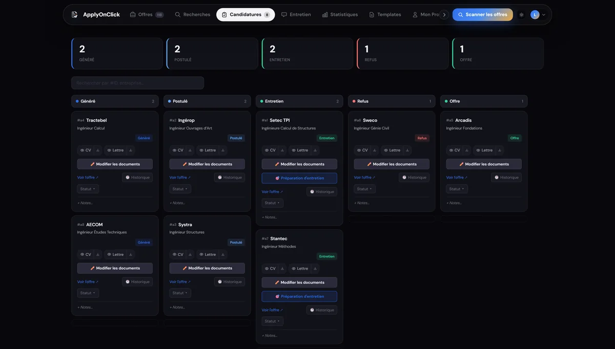 Candidatures , capture de l'application ApplyOnClick