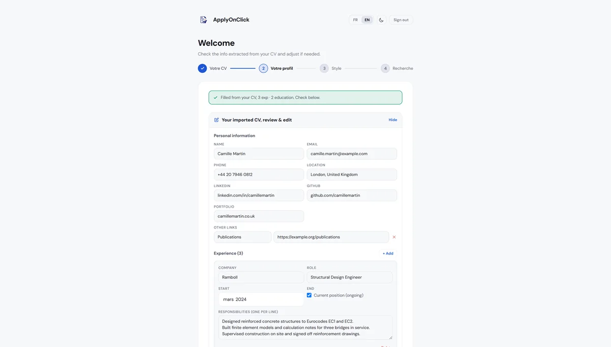 CV import , screenshot of the ApplyOnClick app