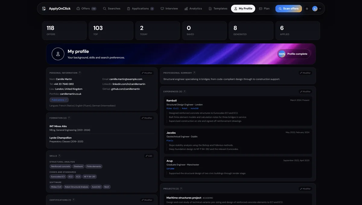 Profile , screenshot of the ApplyOnClick app
