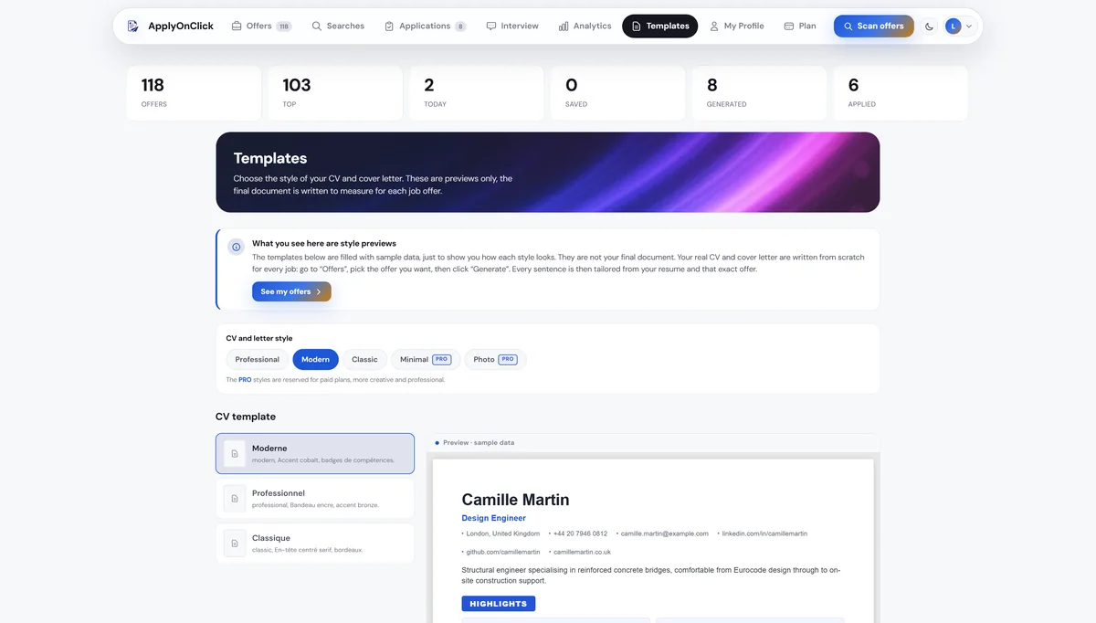 Templates , screenshot of the ApplyOnClick app