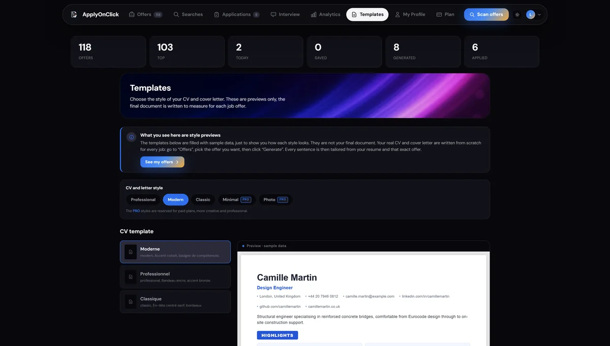 Templates , screenshot of the ApplyOnClick app